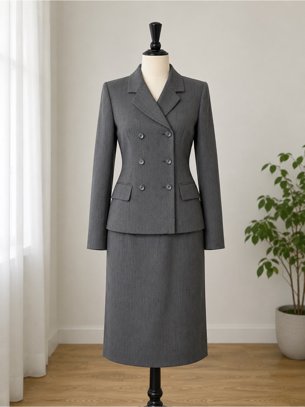 VintageTailored Gray Skirt Suit Double Breasted Career Office Pencil Skirt Set